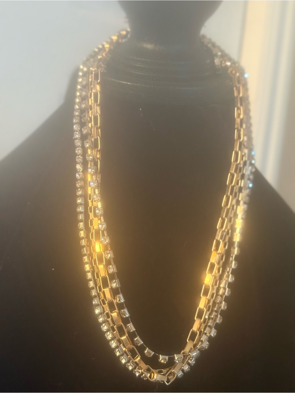 Gold and silver Tone Layered Chain and Rhinestone Necklace - Women Jewelry